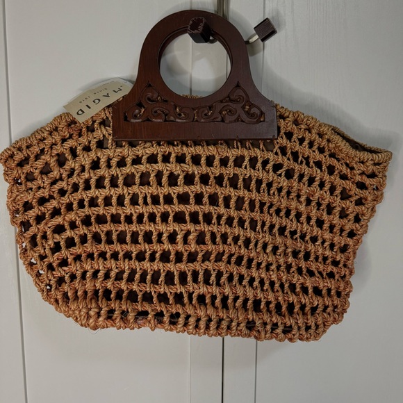 NWT Magid Woven Straw Tote Bag with Carved Wooden Handles Boho Vintage Style - Picture 1 of 10